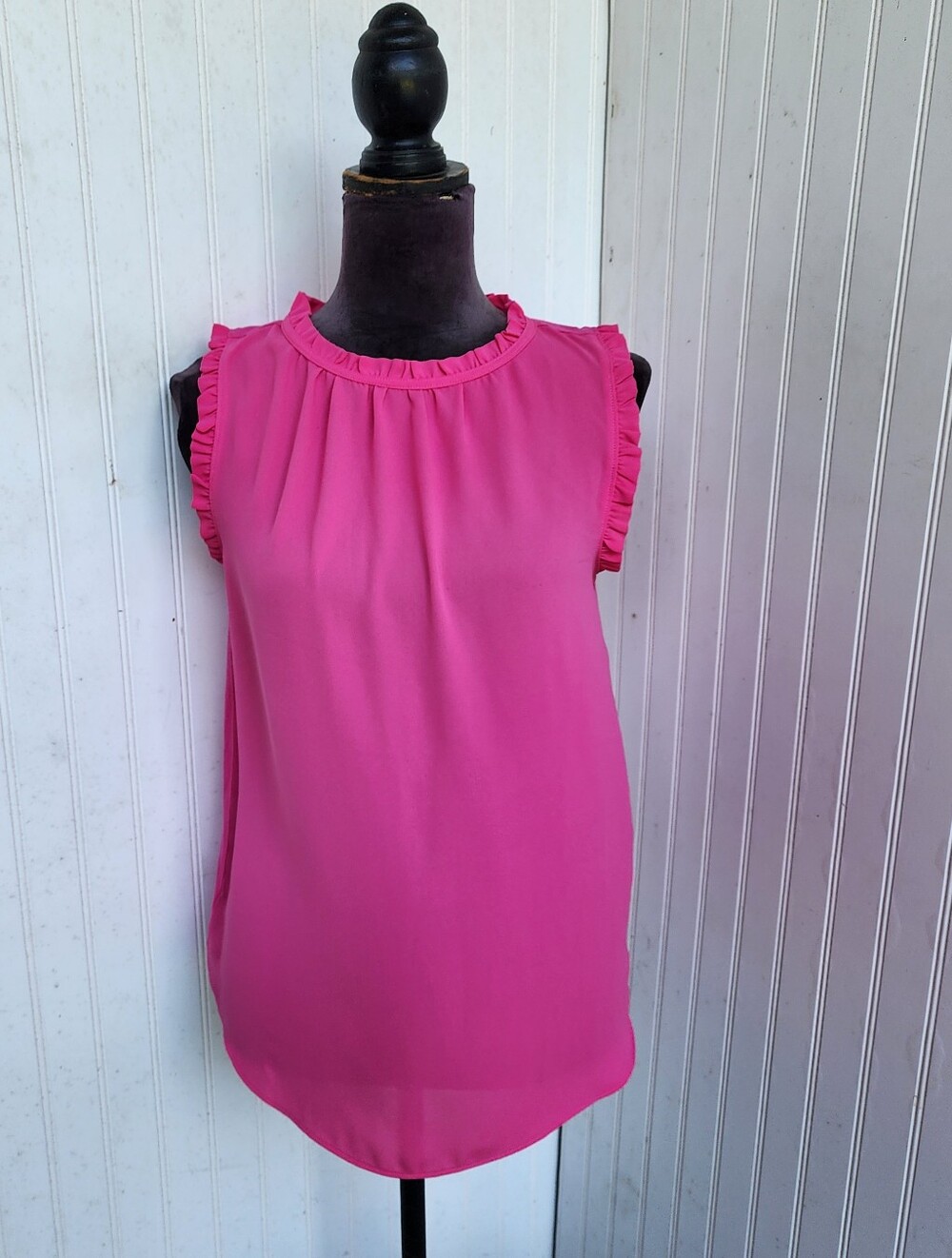 Ann Taylor Loft Ruffle Neck Mixed Media Pink Stretch Back Rayon Sleveless XS